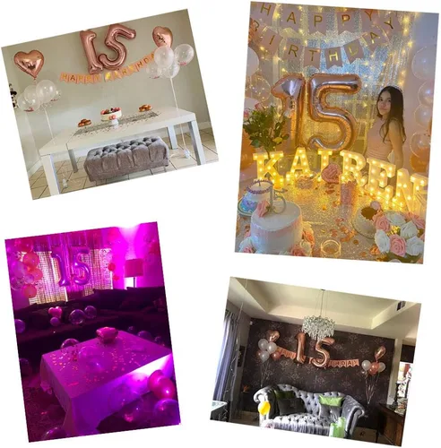 Vista 4 de Globos de 40 pulgadas para decoración de cumpleaños de 15 años, decoraciones de cumpleaños para niñas con pancarta de oro rosa, globos de confeti