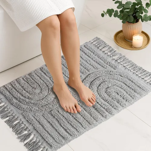 Vista 4 de Boho Bath Mat 2x3 ft, Absorbent Non-Slip & Machine Washable, 100% Cotton Soft Bohemian Rug with Tassels for Bathroom, Nursery or Bedroom - Black