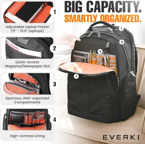 Vista 5 de Mochila EVERKI Atlas para Laptop de Negocios - Mochila para Mujeres o Hombres para el Trabajo, Negro