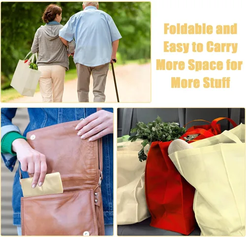 Vista 2 de 50 piezas de bolsas de compras reutilizables de tela no tejida, bolsas grandes plegables tipo tote con asas, bolsa de mano para comestibles a granel