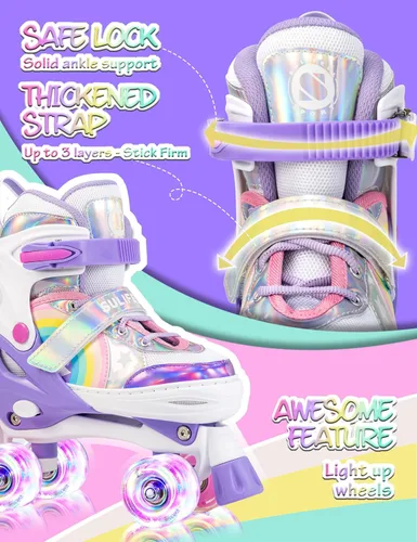 Vista 7 de SULIFEEL Patines de unicornio arcoíris para niñas y SULIFEEL - Patines ajustables para niños, talla S