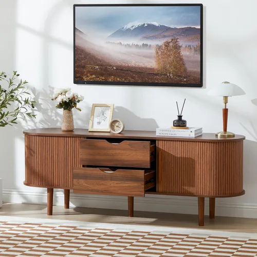 Vista 53 de Soporte de TV, mesa consola multimedia con puerta corredera y compartimento de almacenamiento, centro de entretenimiento moderno con almacenamiento