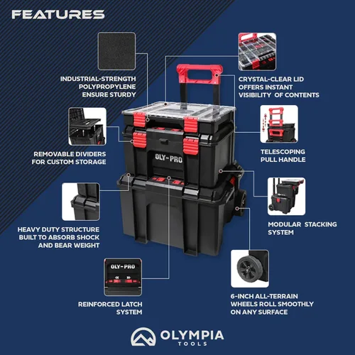 Vista 5 de Sistema modular de almacenamiento de cajas de herramientas – 250 libras de polietileno de alta densidad de plástico resistente, mango de metal