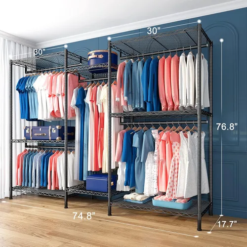 Vista 6 de Raybee Perchero resistente para colgar ropa con estantes, portátil, ajustable, metal, carga máxima de 900 libras, color negro