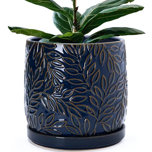 Vista 25 de D'vine Dev Maceta de cerámica con hojas en relieve de 4 pulgadas con orificio de drenaje y platillo, azul grafito, 27-A-Z-9