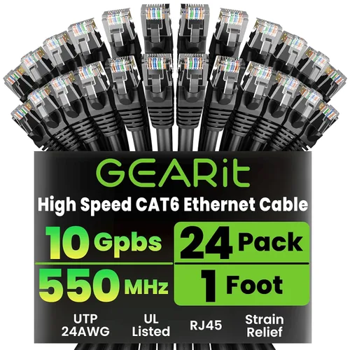 Vista 25 de GEARit Paquete de 24 cables Ethernet Cat6 de 0.5 pies Cable de conexión de red RJ45, conectores chapados en oro sin enganches de 10 Gbps, cable