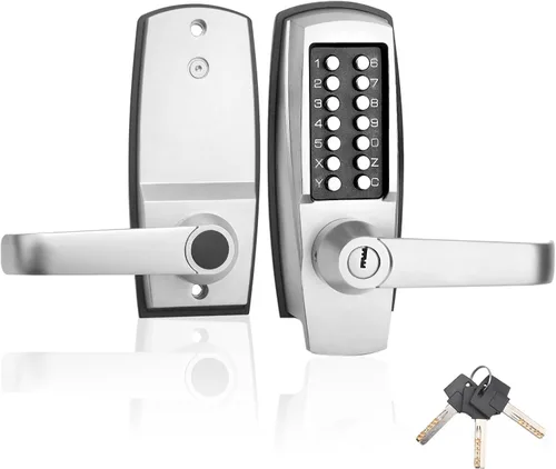 Cerradura de puerta de entrada sin llave con asa - Cerradura de puerta mecánica 100% sin baterías - Fácil de instalar y usar - Cerradura con teclado