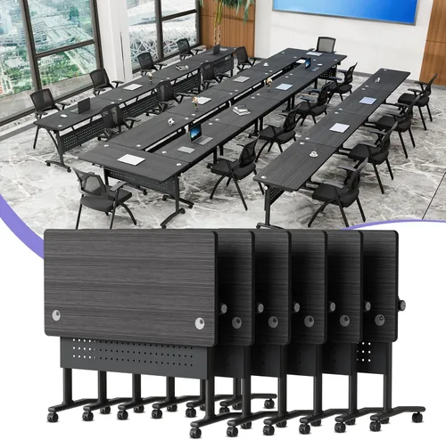 Vista 16 de Mesa de sala de conferencias, mesa de conferencias plegable móvil con ruedas, modernas mesas de entrenamiento apilables con parte superior abatible