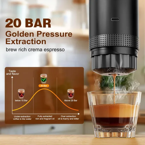 Vista 3 de Cafetera de café expreso a batería, cafetera Portatil Expreso, 20 bares, mini cafetera pequeña de 5 V, compatible con cápsulas NS y café molido