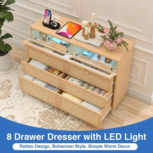 Vista 4 de Cómoda de ratán para dormitorio con 8 cajones, cómoda de madera con estación de carga y luces LED, cómoda bohemia y cómodas para dormitorio