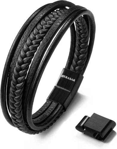 SERASAR | Premium Leather Bracelet [Braid] for Men in Black & Brown | Various Lengths | Magnetic Stainless Steel Clasp | Exclusive Jewellery Box |