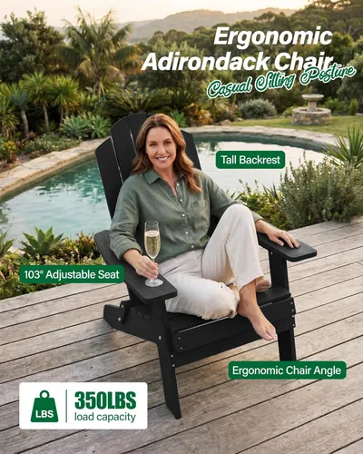 Vista 3 de MXIMU Silla Adirondack plegable para exteriores: sillas Adirondack fáciles de montar y cómodas, silla de plástico compuesto para todo tipo de clima