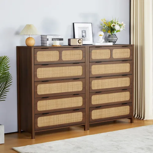 Vista 24 de LEVNARY Cómoda de 5 cajones, cómoda alta de ratán, cómoda de 5 cajones para dormitorio, armario de madera con asas de metal para sala de estar, Negro