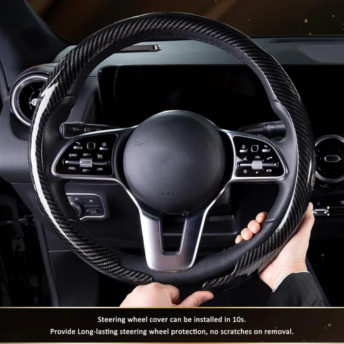Vista 5 de Funda de cuero para volante de auto Aimato de fibra de carbono, funda ultradelgada para volante de auto, microfibra cómoda y transpirable, ajuste