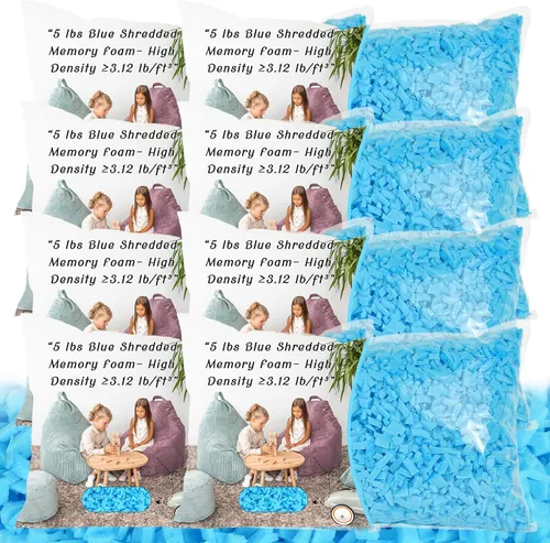 Vista 11 de Relleno de puf, relleno de espuma viscoelástica triturada de 10 libras, alta densidad ≥3.12 lb/ft³, relleno de almohada azul para puf, cojín