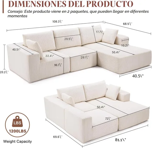Vista 3 de Weture Sofá Seccional Modular de 108", Sofá Seccional Cloud con Asiento Profundo, Sofá Modular Moderno en Forma de L con Chaise, Sofás Tapizados