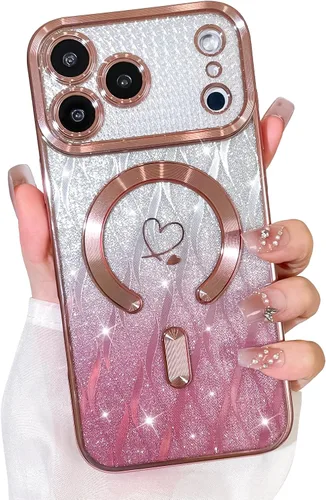 Vista 15 de Bonoma Funda con Purpurina Magnética para iPhone 16 Pro Max [Compatible con MagSafe], Funda Transparente Brillante de Lujo con Patrón de Corazones