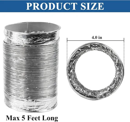Vista 4 de Funmit Kit de manguera de ventilación para secadora, 4 pulgadas de diámetro por 5 pies de longitud, con 2 abrazaderas de tornillo sin fin de acero