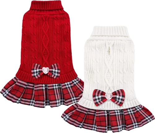 Vista 8 de YUDODO Vestido suéter para perro pequeño con corbata de cuello alto y lazo - Ropa de invierno tejida para perros hembras - Suéter cálido para Marrón