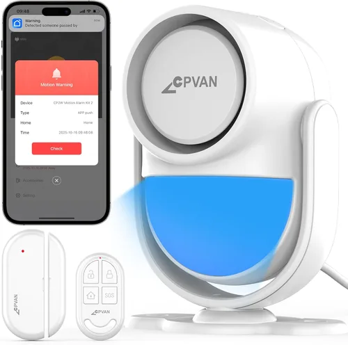 Vista 13 de CPVAN Alarma de Sensor de Movimiento de Alto Volumen de 125dB con Control Remoto de 328 pies (Detector PIR de 40 pies, Baterías), Detector