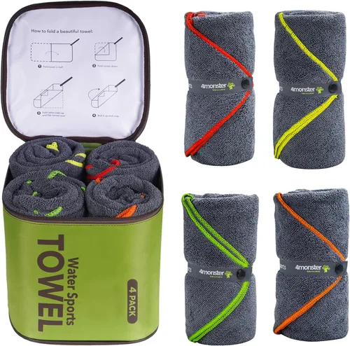 4Monster Paquete de 4 toallas de camping de microfibra de secado rápido, toalla de viaje súper absorbente con bolsa impermeable, toalla ligera para