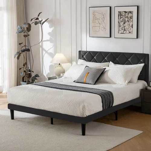 Vista 3 de Base de cama matrimonial con cabecero, marco de cama tamaño matrimonial con soporte de listones de madera resistente, marco de plataforma con Negro