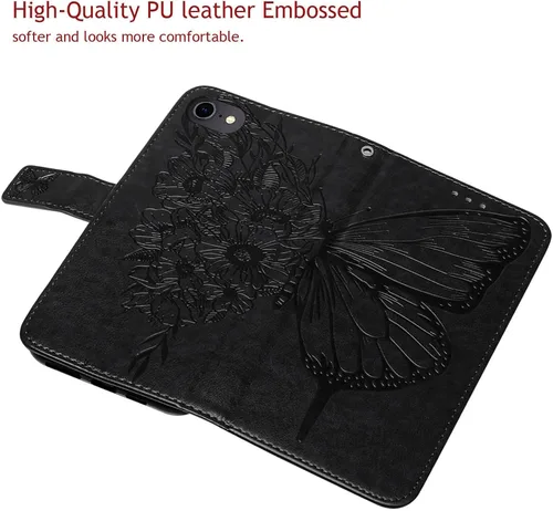 Vista 2 de Funda para iPhone SE 2022/SE 2020, 6/6S/7/8 Mariposa floral en relieve, correa de muñeca, ranuras para tarjetero, funda protectora de cuero