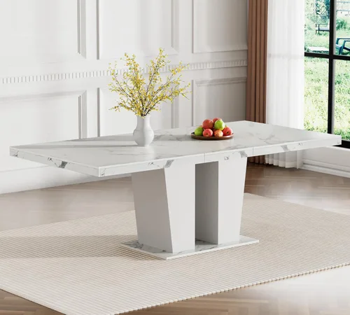 Vista 3 de Henf Juego de mesa de comedor de mármol sintético de 7 piezas para 6, mesa de comedor extensible de 63"-79" y 6 sillas negras acolchadas para 6
