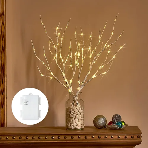 Vista 13 de Birchlitland - Ramas iluminadas marrones de 32 pulgadas, 100 luces LED con temporizador que funcionan con baterías, rama de árbol artificial