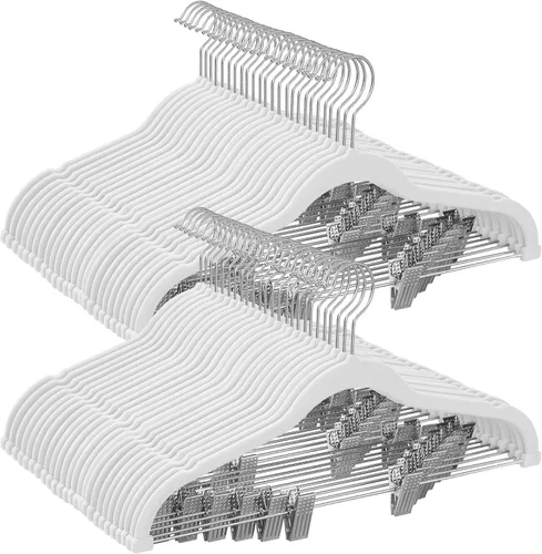 Vista 12 de SONGMICS Paquete de 20 perchas para pantalones, perchas de terciopelo de 16.7 pulgadas de largo con clips ajustables, perchas resistentes