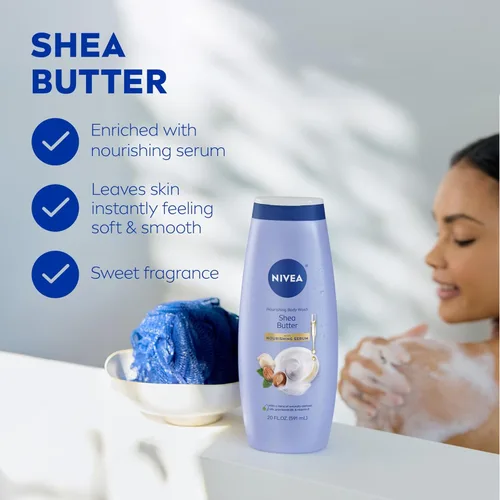 Vista 3 de NIVEA - Gel de ducha con manteca de karité nutritivo e hidratante para piel seca, botella de 20 onzas líquidas