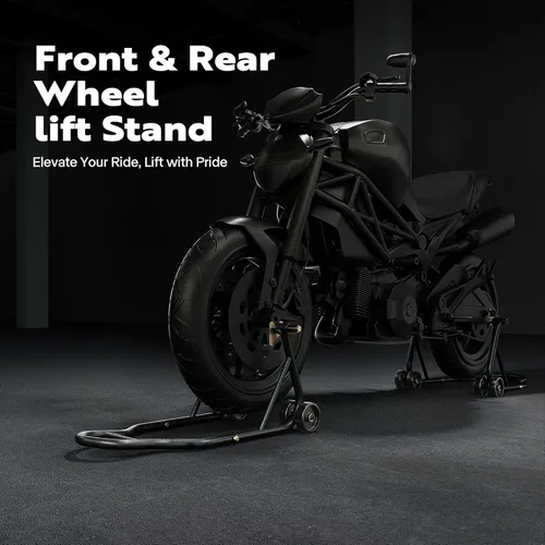 Vista 2 de SPECSTAR Soportes universales para motocicleta, capacidad de 882 libras, ruedas delanteras y traseras, combo de elevación con carrete de basculante