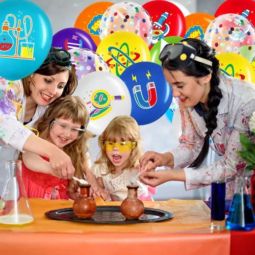 Vista 6 de Capoda 60 globos de ciencia para fiestas, globos de látex científicos, decoración de cumpleaños con temática científica para el aula, suministros