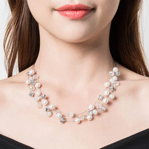 Vista 3 de Juego de collar con cuentas de perlas blancas y plata