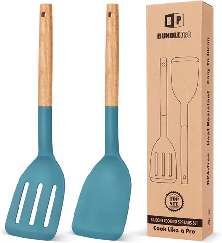 Vista 13 de Paquete de 2 espátulas de cocina de silicona, volteador sólido resistente al calor, espátulas ranuradas antiadherentes con mango corto de madera