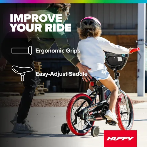 Vista 5 de Huffy Electro-Light Kid’s Bike with LED Lights, Durable Steel Frame, Coaster Brake, Removable Training Wheels, Ages 4-6, Grey/Red Gris/Rojo