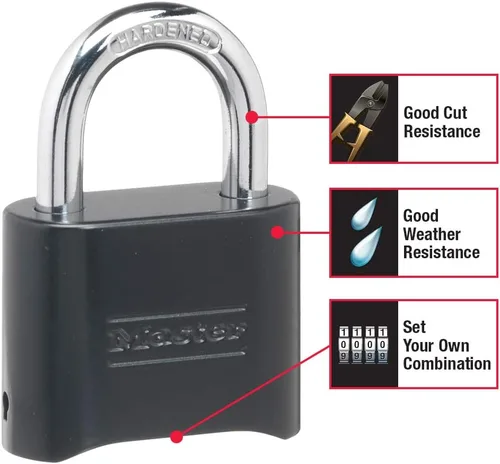 Vista 2 de Master Lock Candado de Combinación Negro, Establece Tu Propio Candado de Combinación, Resistente a la Intemperie, para Interiores y Exteriores