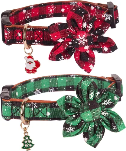 Vista 10 de ADOGGYGO Collar de Navidad para perro con pajarita, collar ajustable con corbatín para perro, collar de Navidad a cuadros rojos y verdes para perros
