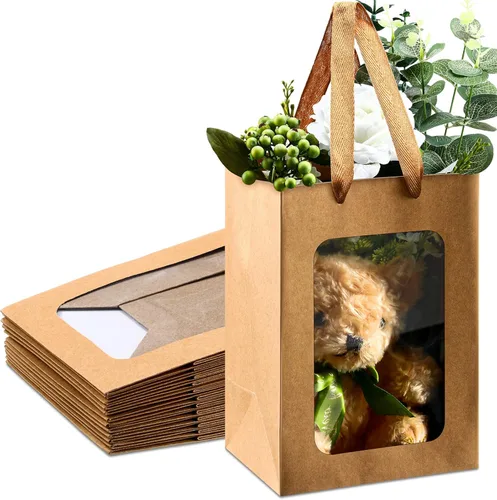 Vista 8 de Yexiya 15 bolsas de regalo de papel con ventana transparente, 7 x 5 x 10 pulgadas, bolsas de compras de papel kraft para bodas, cumpleaños