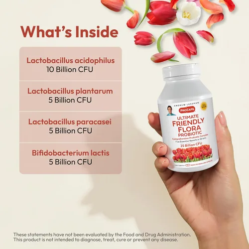 Vista 3 de ANDREW LESSMAN Ultimate Friendly Flora Probiotic 30 cápsulas – 25 mil millones de UFC, mezcla completa de cinco cepas probióticas, potente apoyo