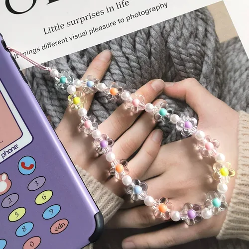 Vista 2 de Abalorio para teléfono con diseño de flores, correa de muñeca con cuentas para bolso de cámara, llavero