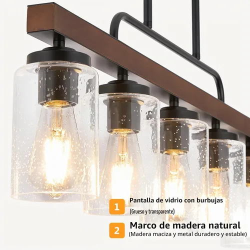 Vista 3 de Iluminación de madera para isla de cocina con pantalla de vidrio de leche 4 luces.