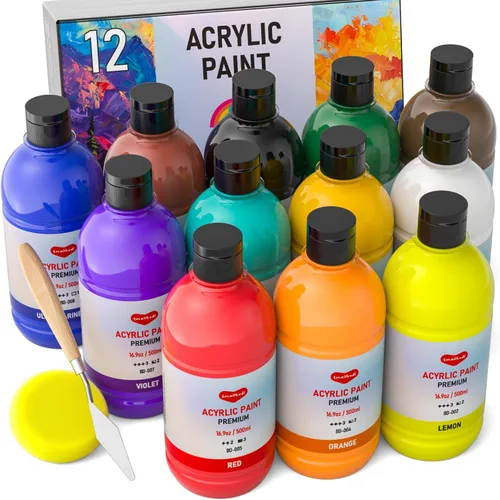 Smallbudi Juego de pintura acrílica grande de 12 colores (16.9 onzas, 16.9 fl oz), pintura acrílica a granel no tóxica, suministros de pintura