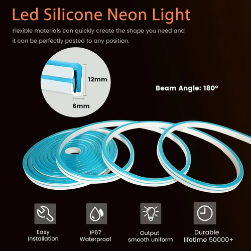 Vista 5 de YM E-Bright Tira de luces LED de neón de 12 V, cuerda de silicona para interiores y exteriores, 16.4 pies, 600SMD, impermeable, flexible