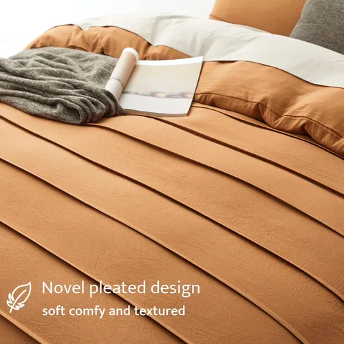 Vista 3 de Oli Anderson Funda de edredón de color marrón calabaza, funda de edredón plisada tamaño King, juego de ropa de cama texturizada suave y transpirable