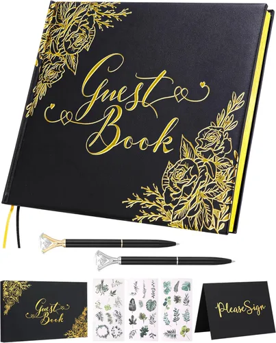 Libro de invitados de boda negro - Libro de invitados para recepción de boda con bolígrafos - 9x7' Libro de invitados de boda personalizado con