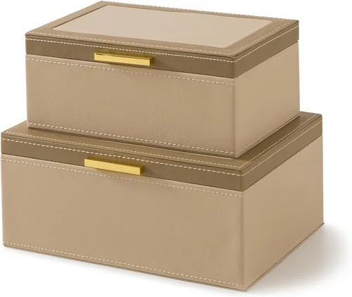 Soul & Lane Cajas decorativas de piel sintética con tapas y herrajes dorados para decoración del hogar, juego de 2 cajas apilables con bisagras para