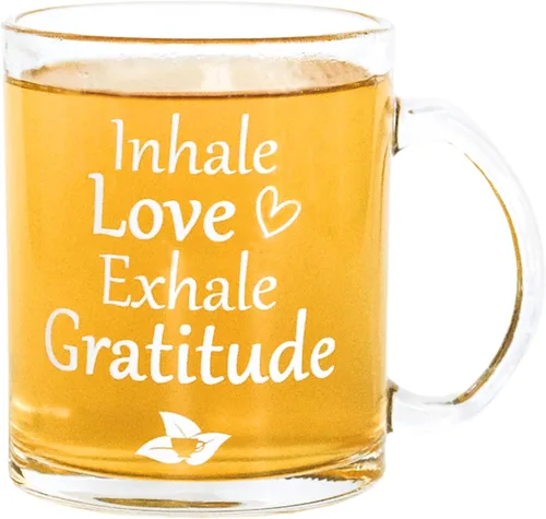 DelighTeas Taza inspiradora para café/té, taza de vidrio de 12 onzas con asa, taza de vibraciones positivas, gran regalo para amantes del café
