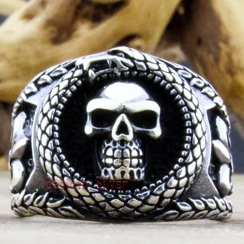 Vista 3 de Anillo de plata de ley 925 maciza estilo retro gótico con calavera de motociclista turca para hombre