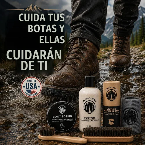 Vista 8 de Kit de cuidado de botas de cuero Rhino Cera: Set de limpiador y Kit completo de limpieza de botas con exfoliante (jabón de silla), aceite, cepillos